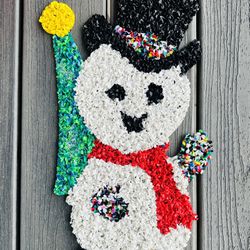 Vintage Melted Popcorn Snowman Christmas Decoration.  18” tall x 10” wide . Front and back are shown in photos . can be used inside or outside. 