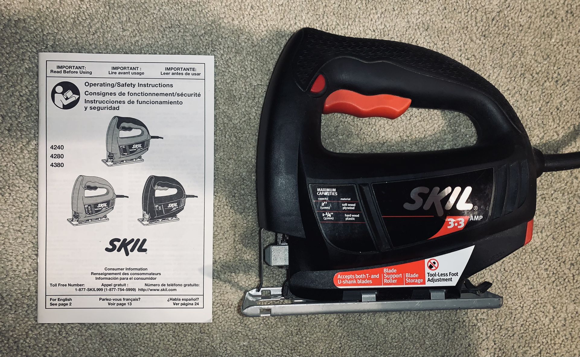 SKIL JIGSAW 4240 3.3 AMP Motor Corded 3250 SPM Fits T&U Shank Blade