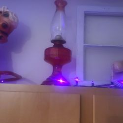 Vintage Early American Red Ruby Homesteader Oil Lamp Ruby Red Flash Tip Chimney