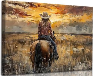 OCRXLYTH Western Cowgirl Riding Horse Canvas Wall Art Cowgirl Wall Decor Pictures Sunset Countryside Landscape Painting Print Vintage Artwork for Livi