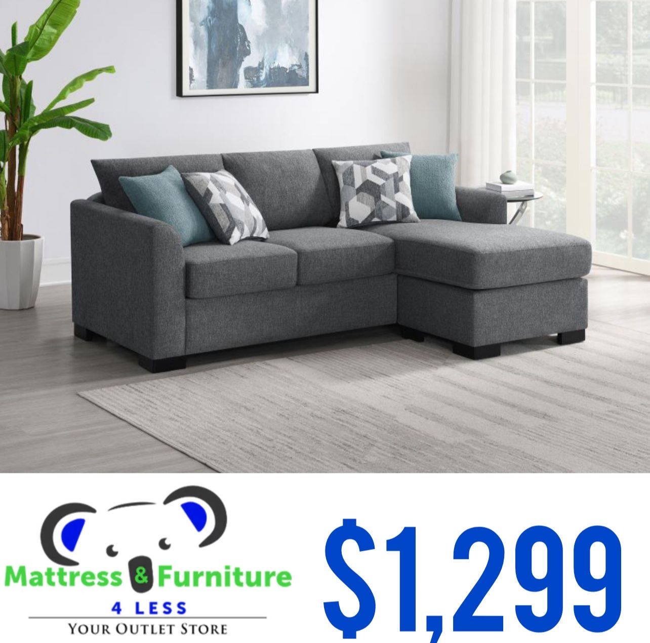 Storey Upholstered Sleeper Sectional Chaise Sofa Grey