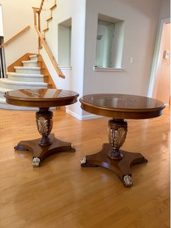 Ornate round pedestal tables (set of 2)