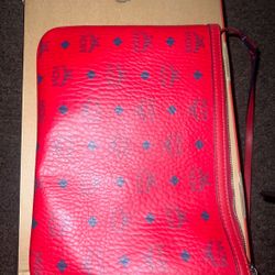 Red MCM Visetos zip pouch with leather