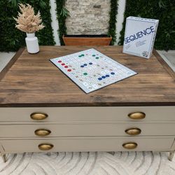 Modern Storage Coffee Table – Refinished | 44” Wood Top | Brass Hardware