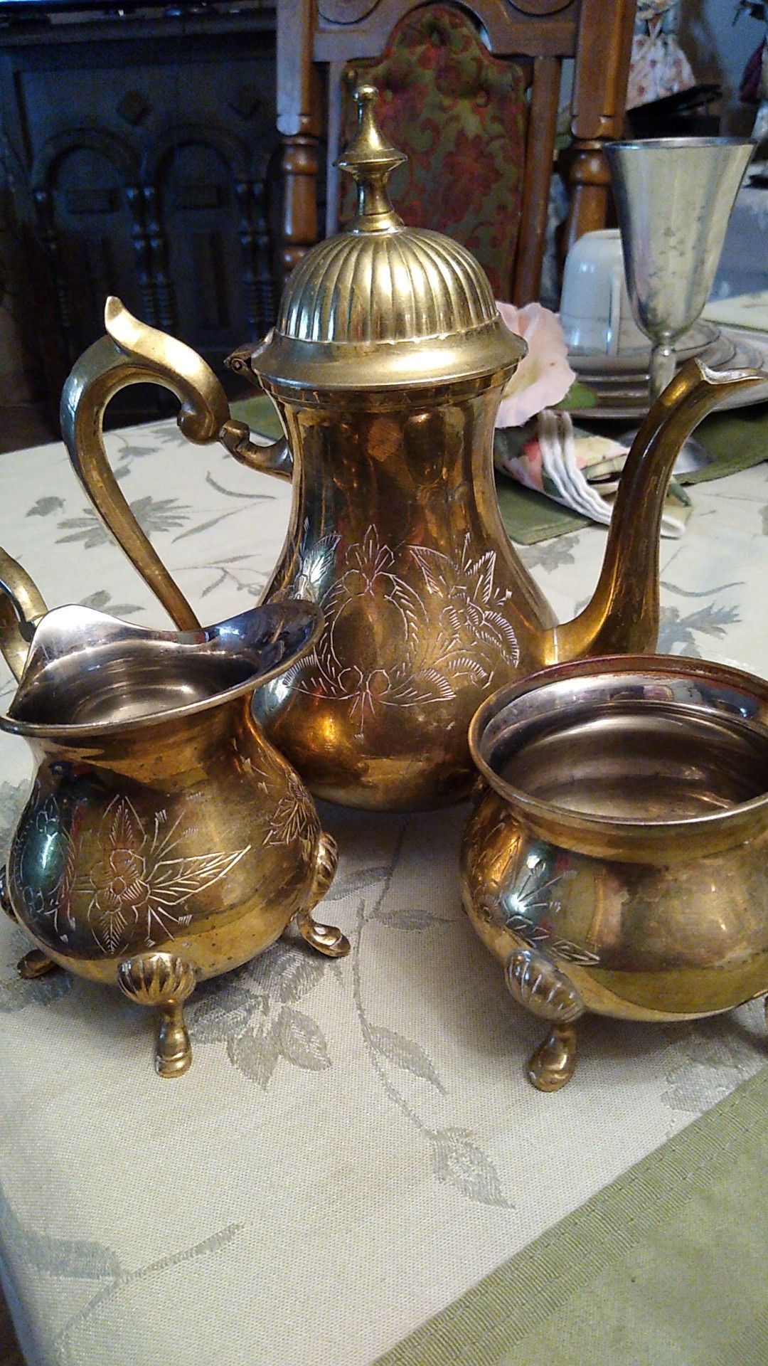 Brass tea set with creamer and sugar from India