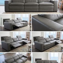 Modern Genuine Leather Power Reclining Sofa with Adjustable Headrests