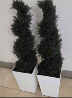 *** SPECIAL *** PAIR of 3ft Faux Cedar Spirals in 16in White (Rattan) Planters (2 for $100) @ Lasting Creations