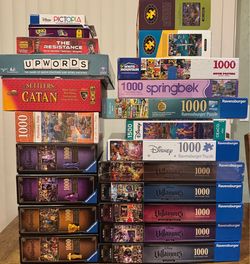 Puzzles & Games - key words: Ravensburger, Dowdle, Disney Villainous, Seattle/Italy/France, Settlers of Catan, UNO, resistence, Pictopia