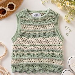 ZARA Girls Knit Sweater Tank Top Sage Green Cream Size 9/10  Boho