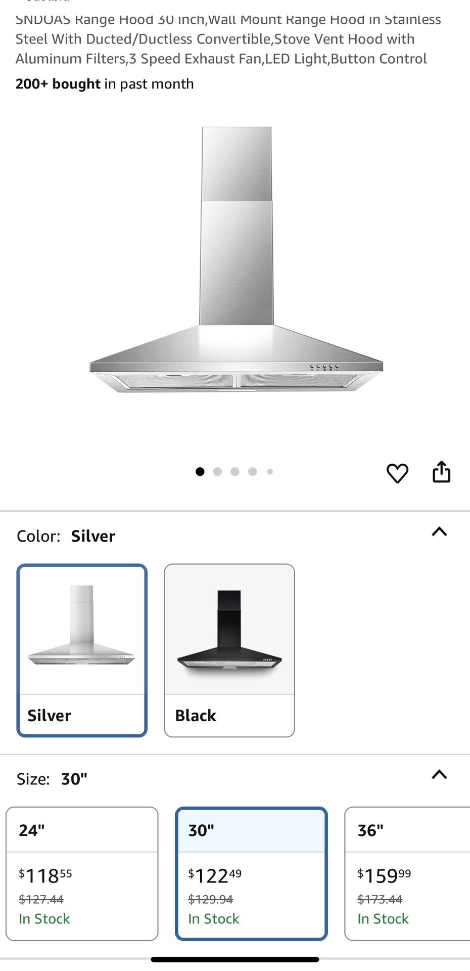 SNDOAS Range Hood 30 inch,Wall Mount Range Hood in Stainless Steel With Ducted/Ductless Convertible,Stove Vent Hood with Aluminum Filters,3 Speed ​​​​