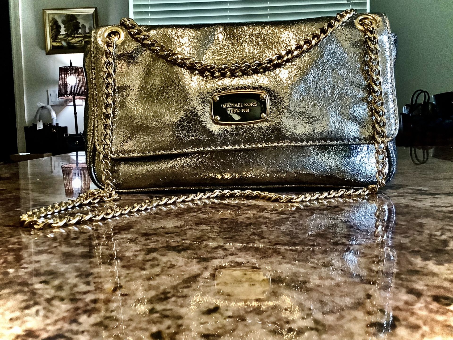 Authentic Michael Kors AI -1209 Champagne Metalic Cracked Leather Convertible Bag