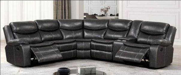 Brand New Grey Super Plush Leather Reclining Sectional Sofa