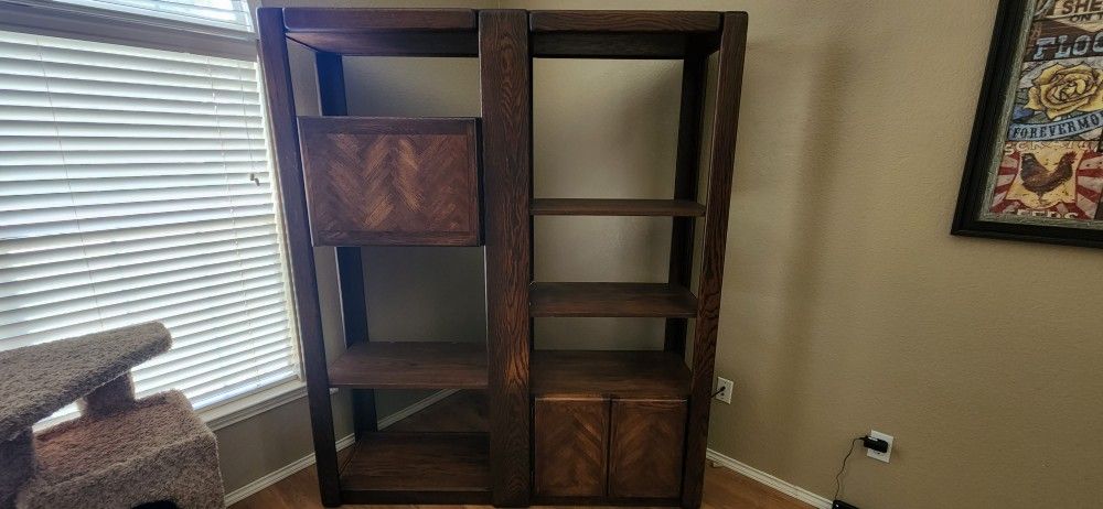 Solid Oak Shelf Unit With Bar Storage