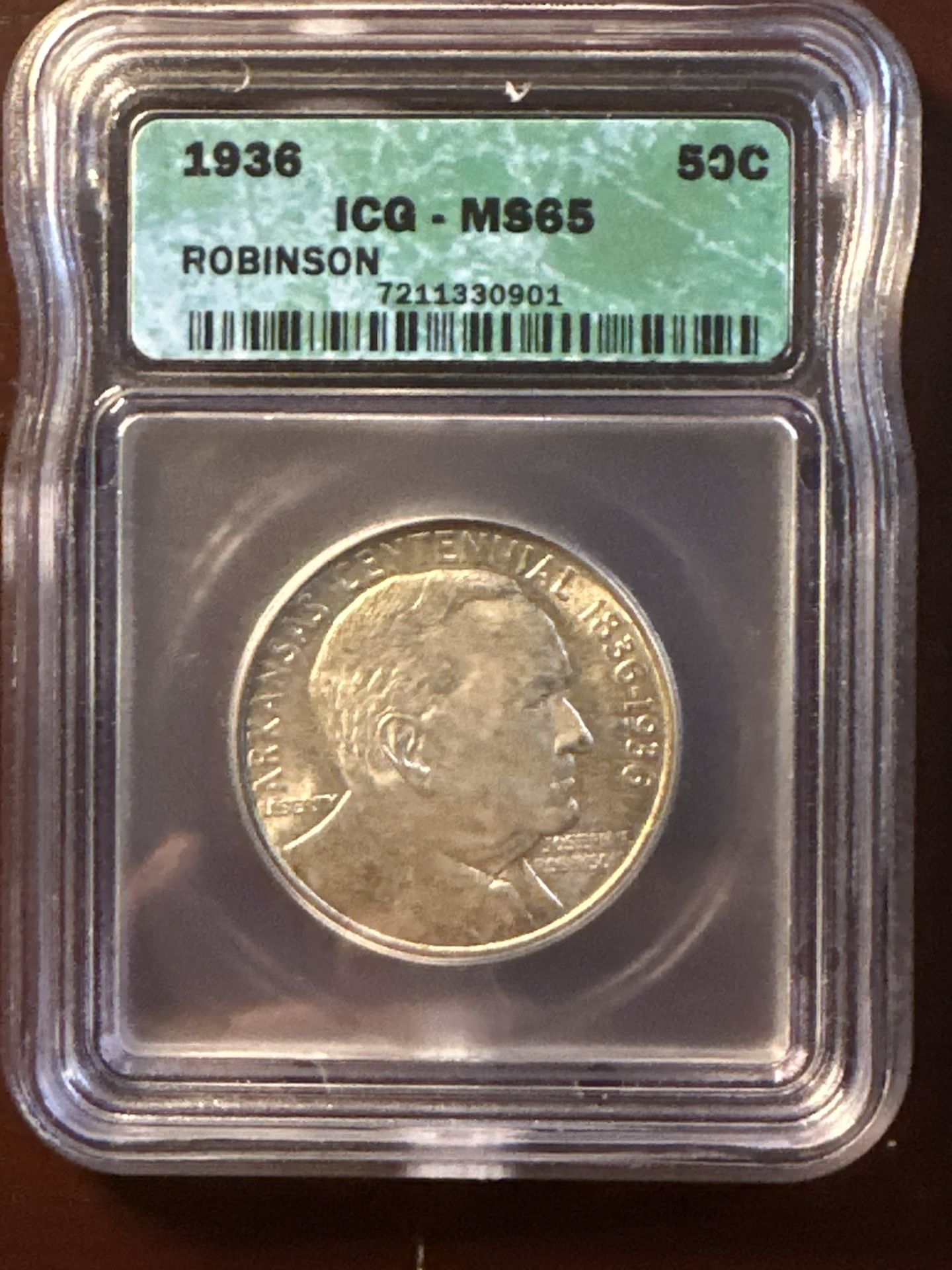 1936 Arkansas Centennial/Robinson Commemorative Half Dollar graded MS 65 by ICG!