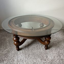 Glass brown wood round coffee table