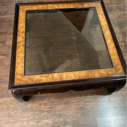 Ming Style Vintage Coffee Table Solid Wood w/ Beveled Smokey Glass