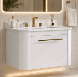 30" Bathroom Vanity with ceramic Sink, Floating , Engineered Stone Countertop , Wall Mounted, Gold Handle,  J-23