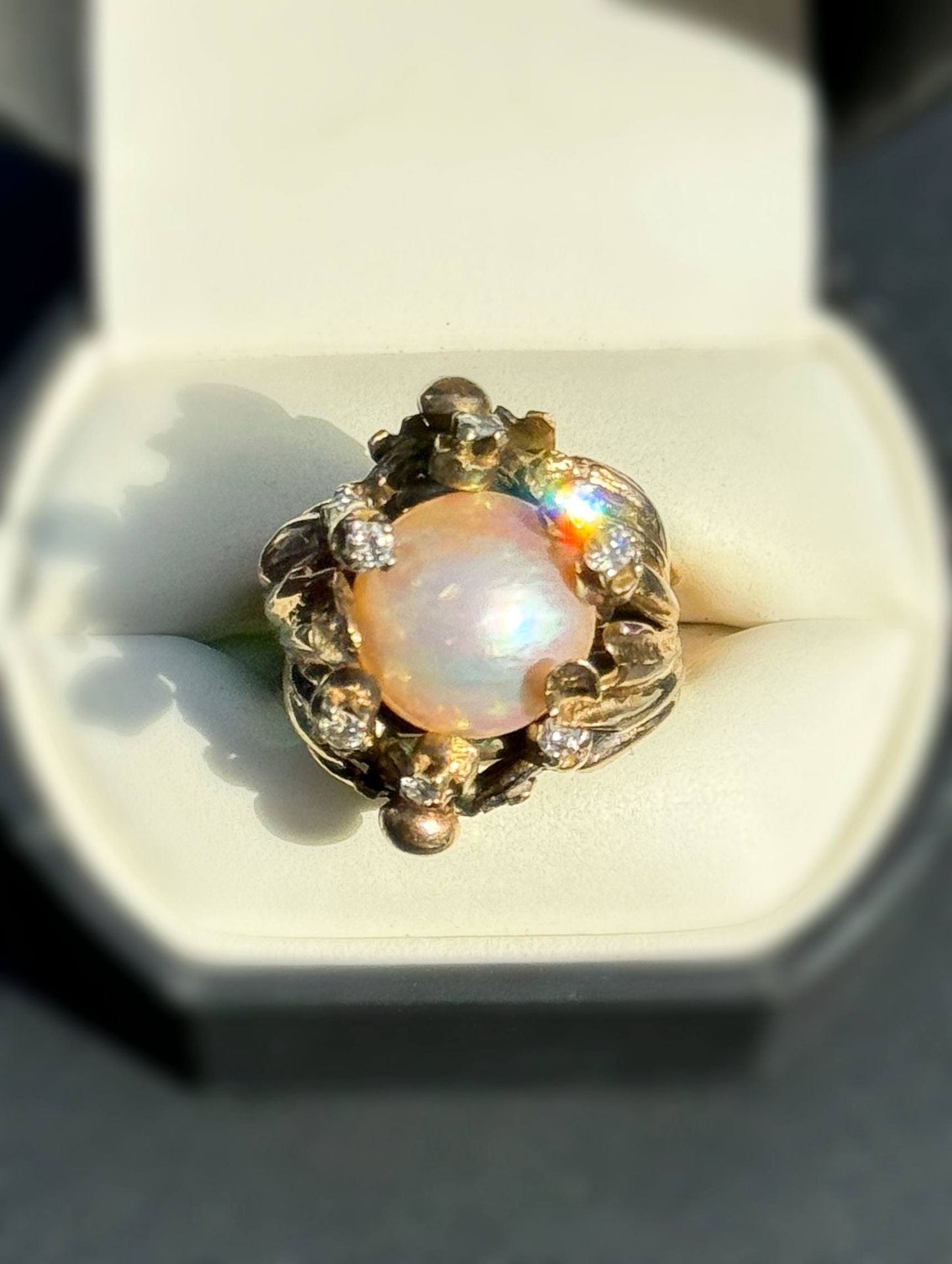 Vintage Modern 14k yellow gold 1CTW natural diamond pearl Brutalist Dream ring sz7