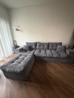 Gray Corduroy Sectional Sofa with Ottoman