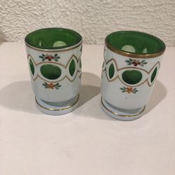 A Pair Of Vintage Czech Bohemian Emerald Enamel Crystal Glass With White Enamel 3” Tall