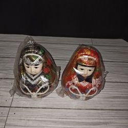 
Vintage Japanese Egg Face Doll Ornament Hand Painted Bisque Pin Cushion Set Rare
