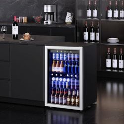 20.3 in Single Zone 145-Cans Freestanding Beverage and Wine Cooler in Black, Glass Door, Adjustable Shelves