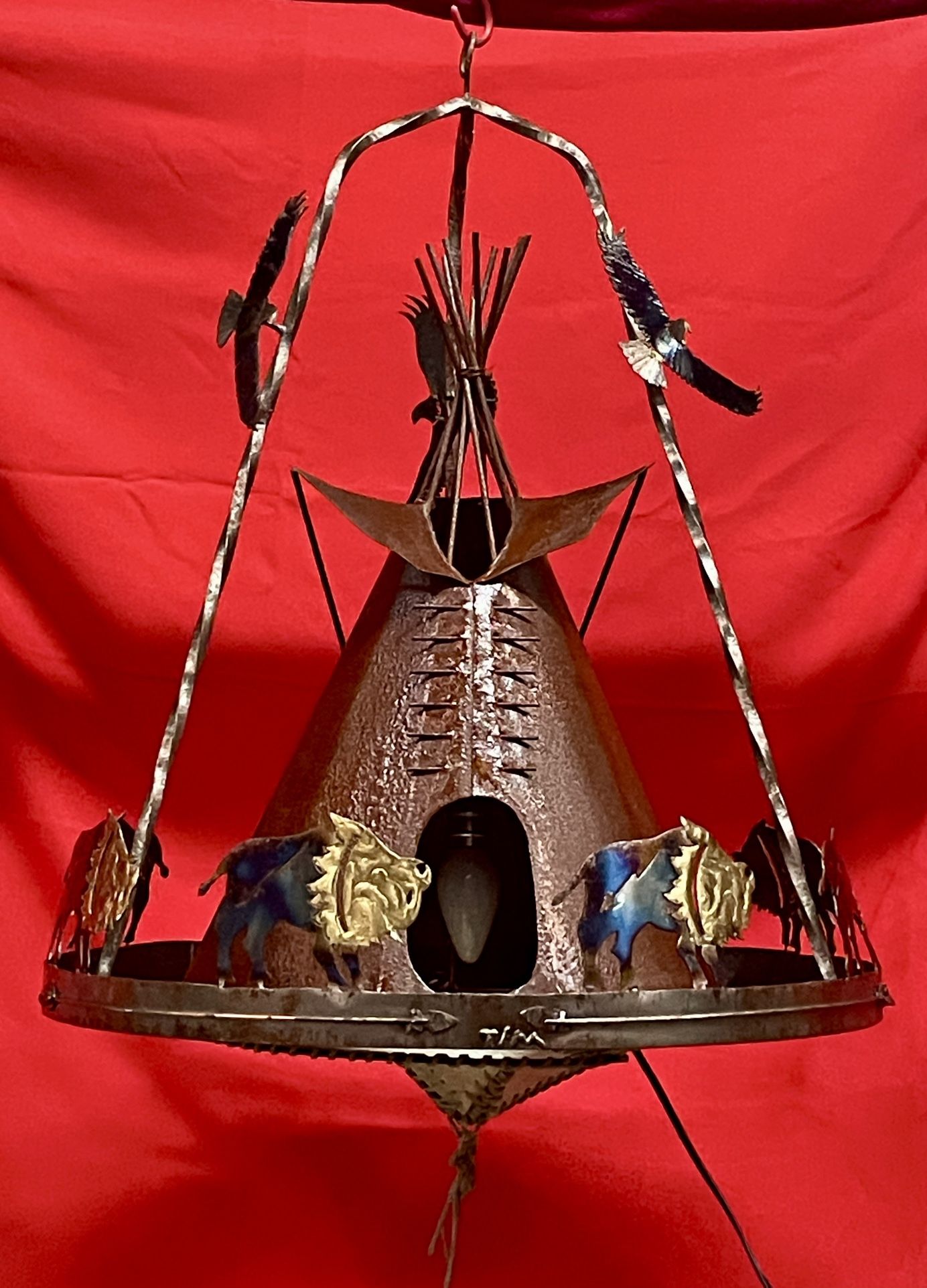 Vintage Anodized Metal Bisons/Eagles Native American Teepee Tent Hanging Light