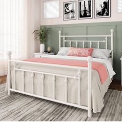 14 Inch Full Size Metal Platform Bed Frame with Victorian Vintage Headboard and Footboard./White A-3
