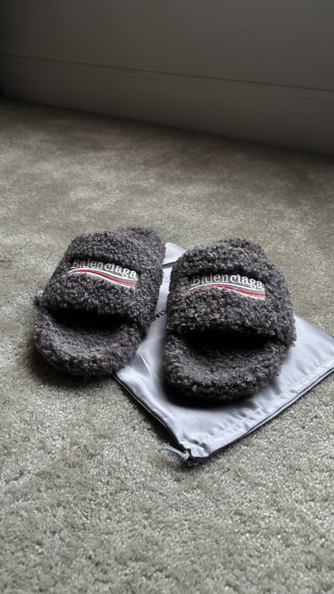 Balenciaga Fur Slides in Grey Colorway