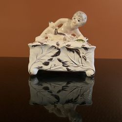 Vintage Royal Sealy Porcelain Gilt Cherub Trinket Box with Lid Gold Trim