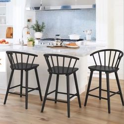 New  24 in. Black Solid Wood Bar Stool for Kitchen Island Counter Stool with Spindle Back Set of 3
