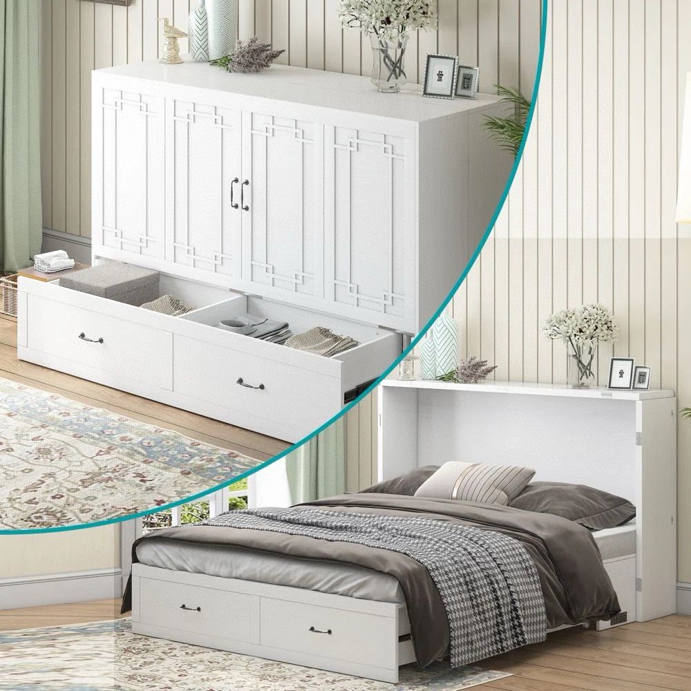 Queen Size Murphy Bed with Mattress,Foldable Space-Saving Cube Cabinet Bed White