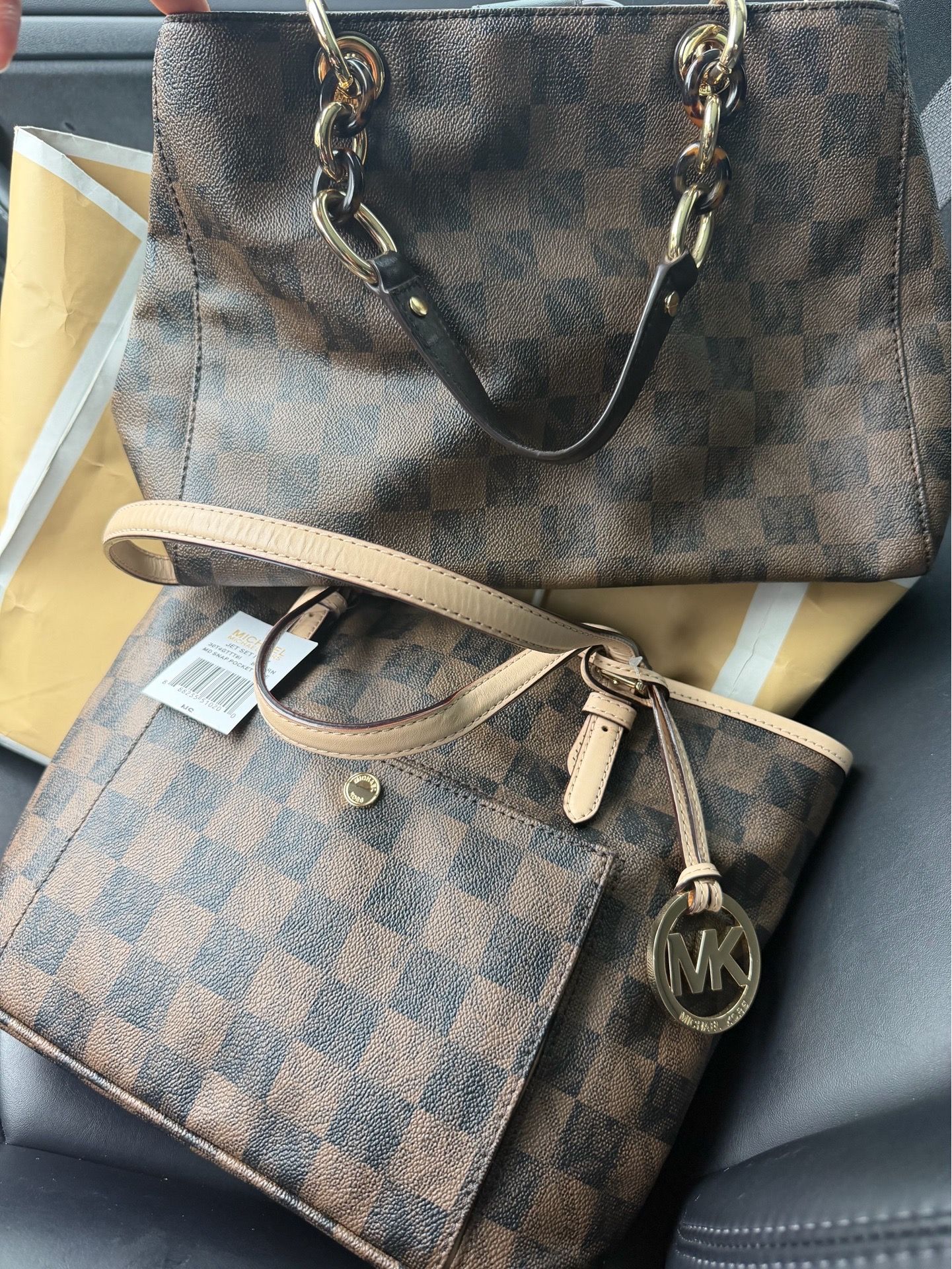 2 Michael Kors Brown Checkered Totes Crossbody Handbags New