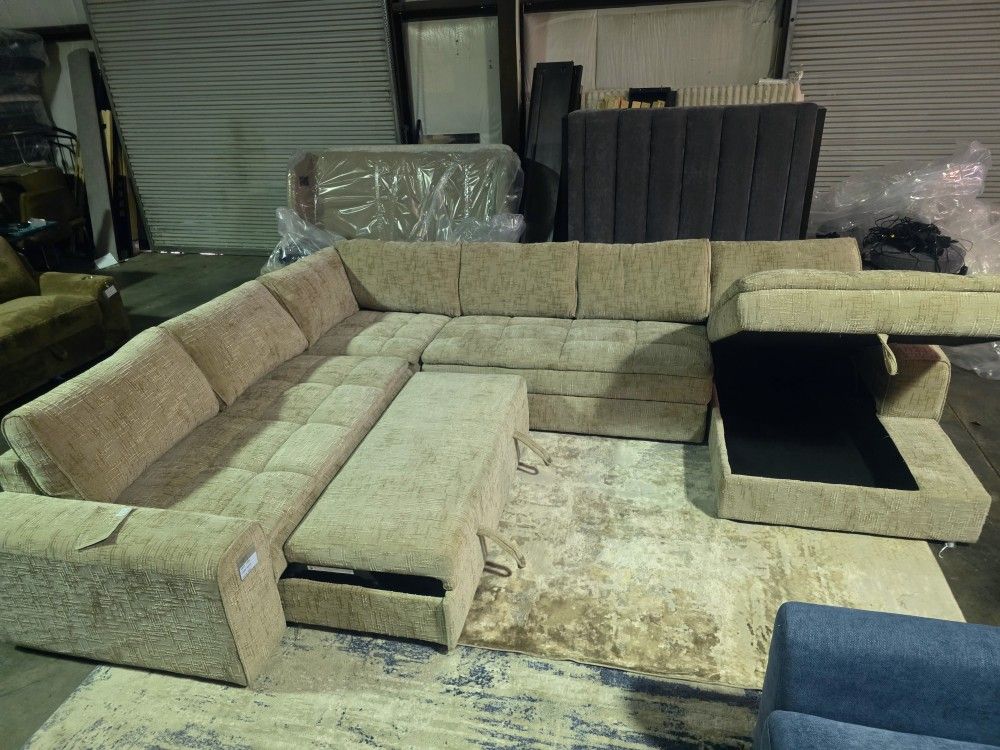 Brand New Lifestyle 4pc Wayne Flax Super Sleeper Sectional w Storage