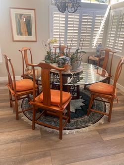 Vintage Chinese Ming Style Dining Set - 60" Glass Table & 6 Elm Chairs