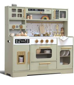 Kids Wooden Play Kitchen Set – Realistic Pretend Play Kitchen with Stove, Sink, Coffee Maker, Ice Maker & 15 Fun Accessories