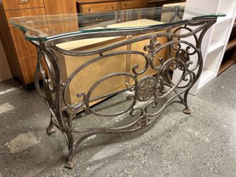 THOMASVILLE Grandview Ornate Distressed Metal Glass Top Sofa Table
