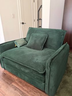 Green Corduroy Loveseat with Throw Pillow
