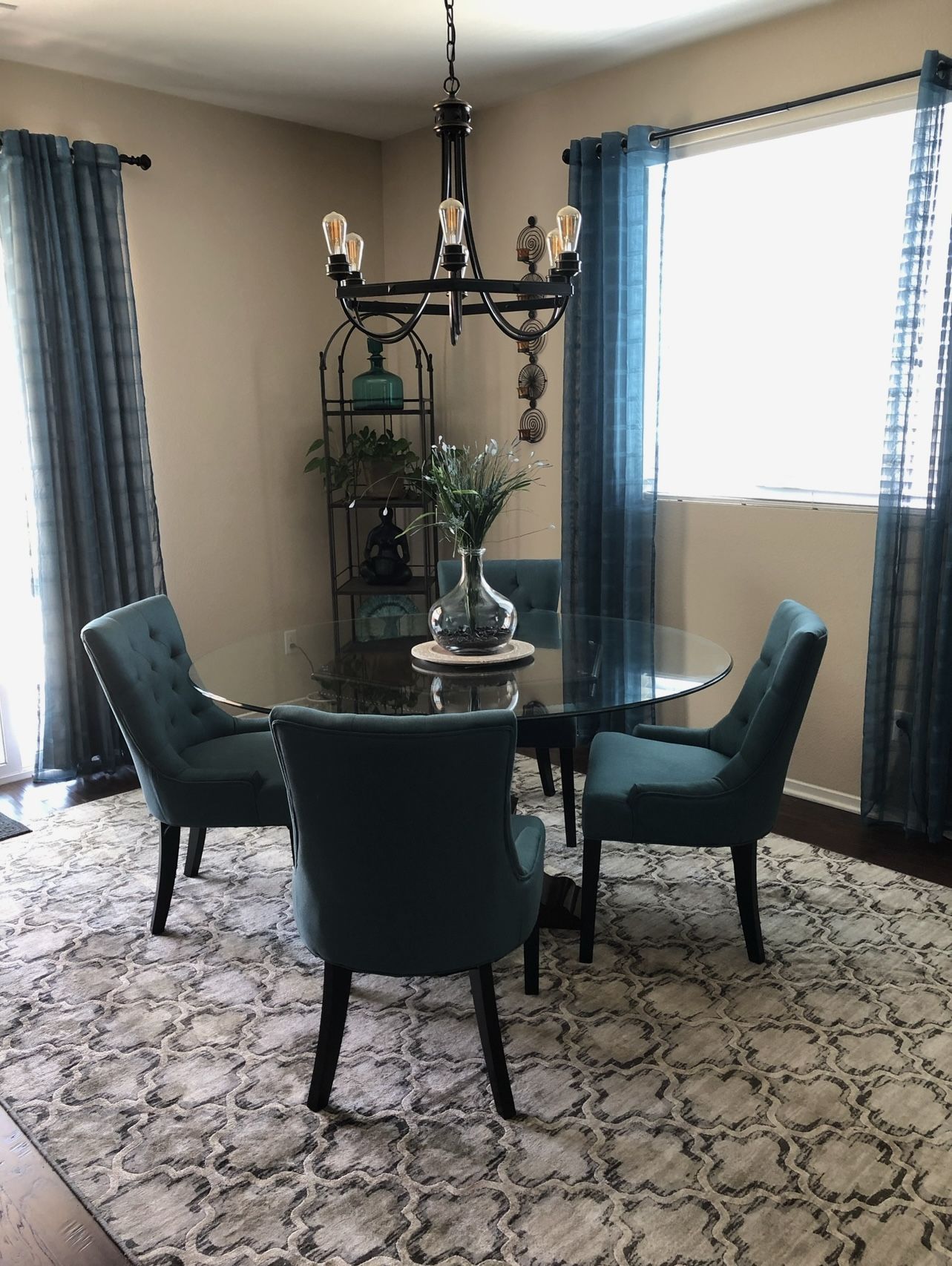 60in Glass Top Dining Table Includes x4 Tufted Chairs