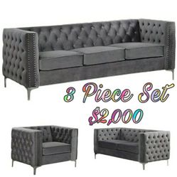 3 Piece Sofa Set Sofa Loveseat Chair Grey Velvet Button Tufted Chrome Legs Nailhead Trim Accent Firm Price $1,900 Financing Available 