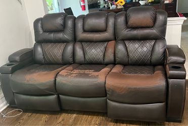 Raymour and Flanigan Brown Leather Reclining Theater Seating Set