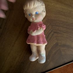 85" Arrow Rubber Plastic Corp. Girl Doll with Bear Sun Rubber Type 1962