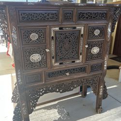 Antique Chinese Carved Rosewood Cabinet with Mother-of-Pearl Inlay