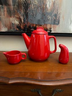 Vintage Gerz W Germany Red Ceramic Teapot Coffee Pot Creamer Pepper Shaker MCM
