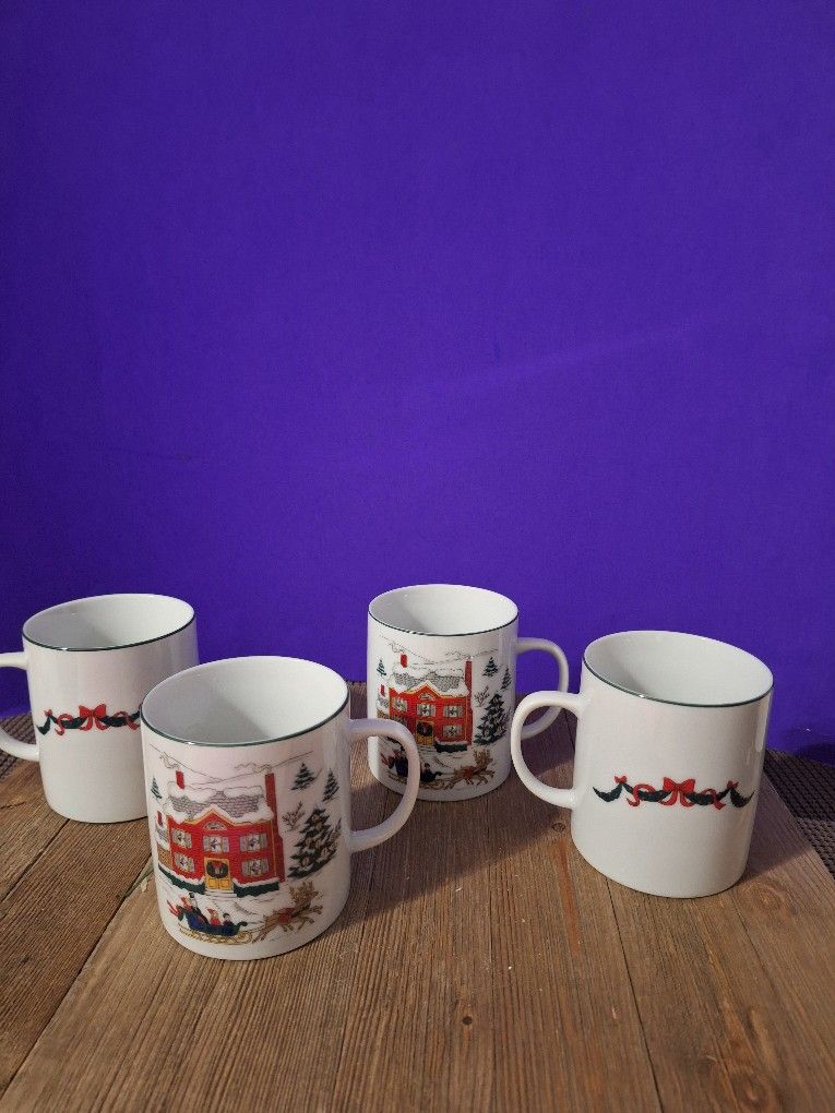Vintage Set Of 4 Christmas Winter Coffee Mugs-$25