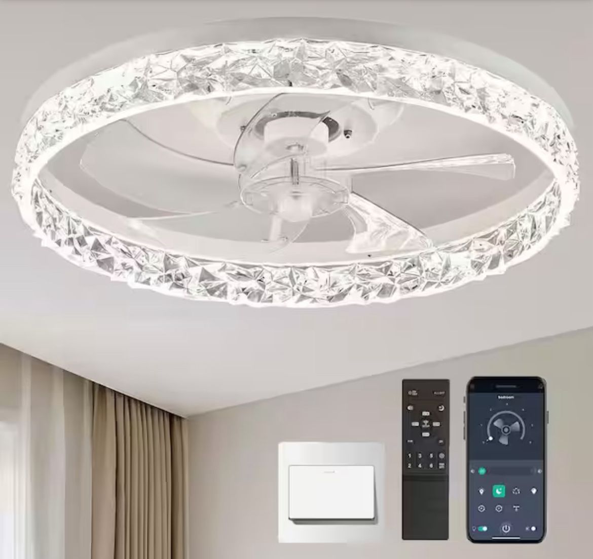 20 in. Indoor Modern White Crystal Flush Mount Ceiling Fan