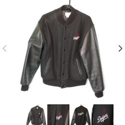 MLB Dodgers Black Leather sleeves Bomber Jacket, Sleek Varsity Style