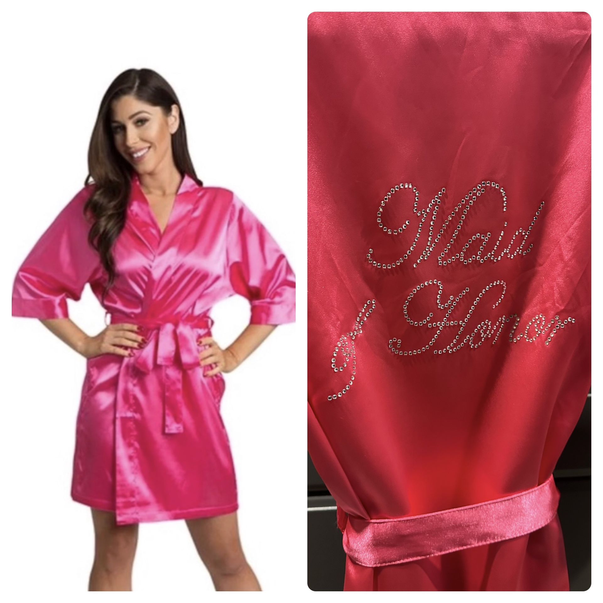 NEW David’s Bridal Hot Pink Rhinestones Crystals Maid Of Honor Robe-S/M