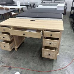 58'' Wood Executive Desk with 7 Drawers - Modern Natural Rattan Home Office Desks