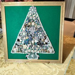 Framed Vintage Jewelry Christmas Tree Art